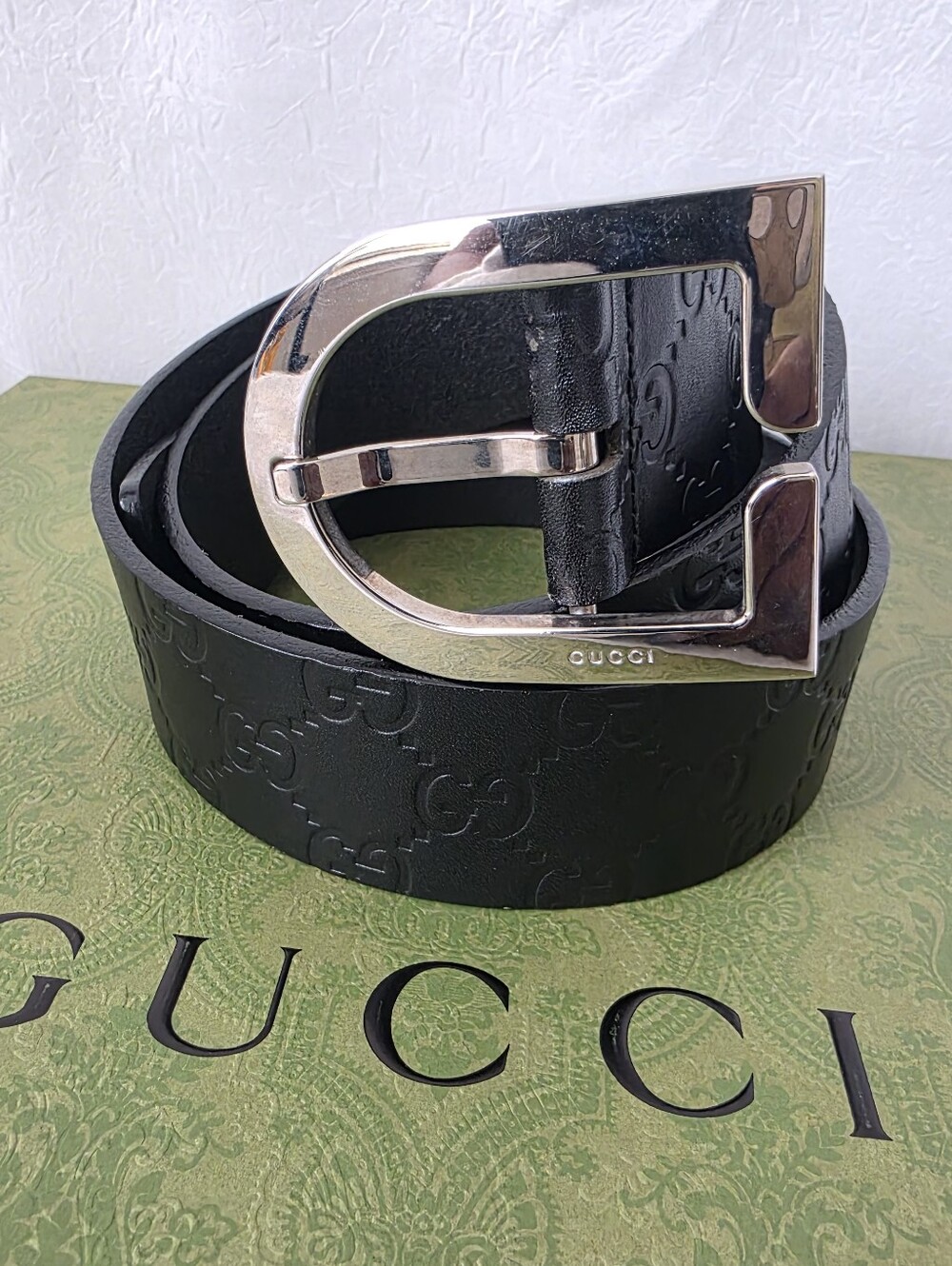 Auth Gucci Guccissima Men Black Leather Belt with Silver Buckle